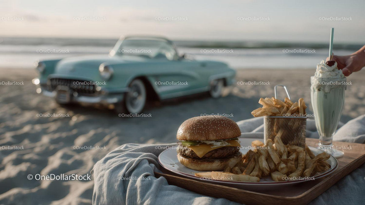 Beachside Cheeseburger French Fries and Milkshake with Classic Car Stock Photo Bundle preview 28