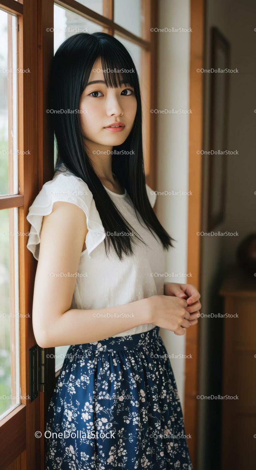 Portrait of a Young Asian Woman in Casual Outfit Near Wooden Window