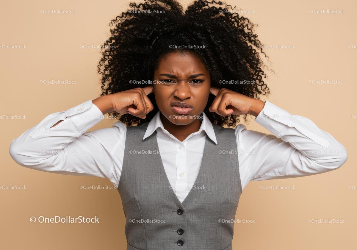 Frustrated Woman Covering Her Ears With Business Attire