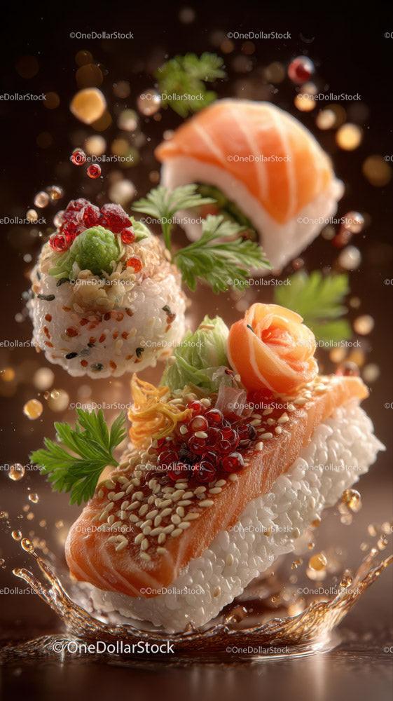 Fresh Sushi Plate with Salmon Tuna Rice Garnishes and Soy Sauce Stock Photo Bundle preview 17