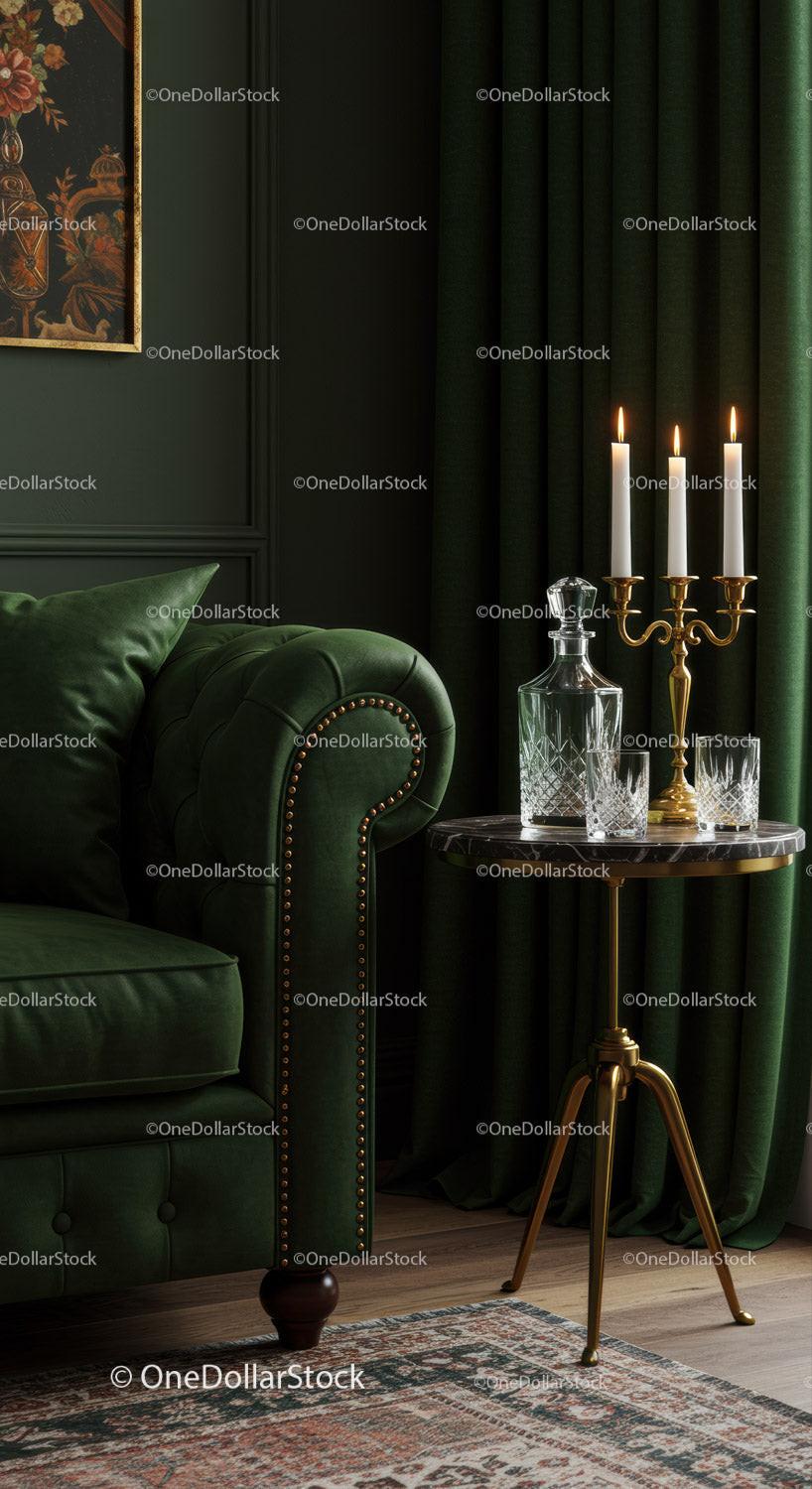 Elegant living room corner with green velvet sofa and candles