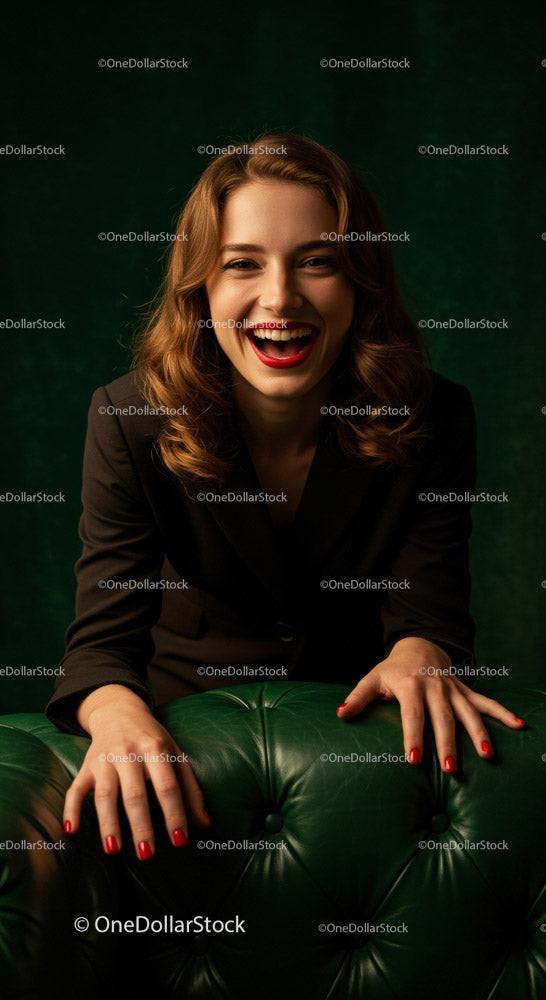 Confident Smiling Woman in Stylish Attire Sitting on Leather Sofa Stock Photo Bundle preview 11