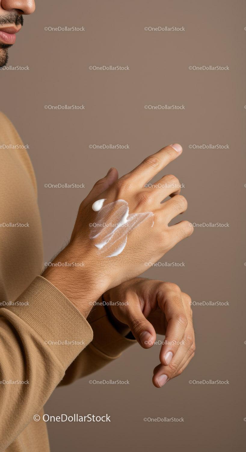 Close-Up of Male Hand Applying Lotion for Moisturizing Skin