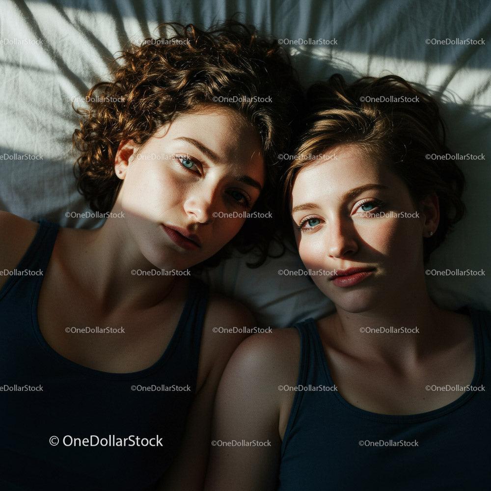 Two Young Women Relaxing Together in a Cozy Bedroom Setting Stock Photo Bundle preview 6
