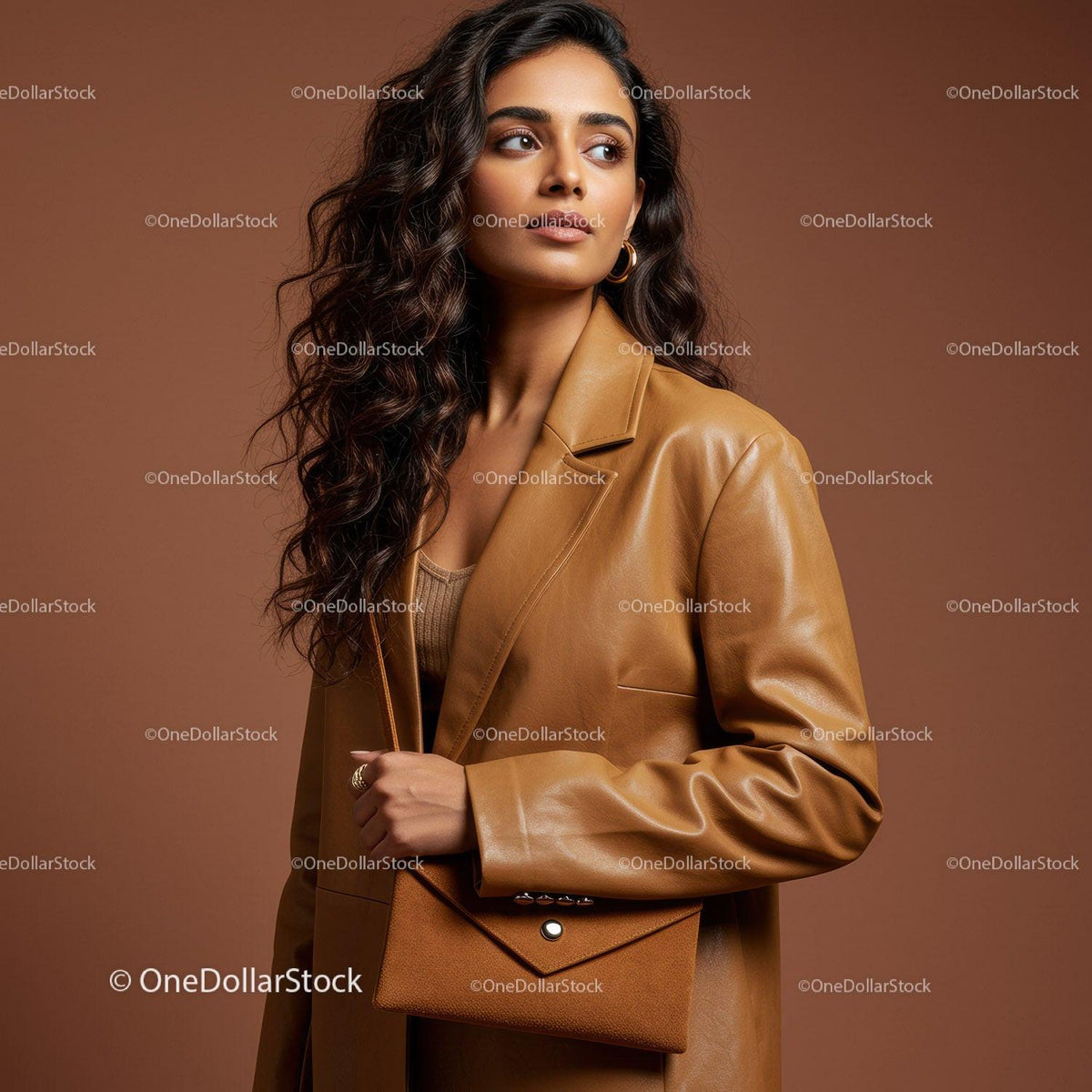 Elegant Woman with Curly Hair Wearing Leather Blazer and Accessories