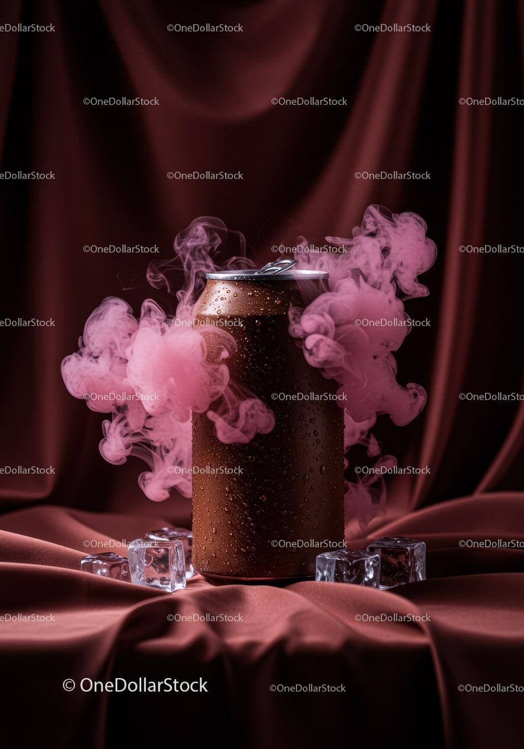 Chilled brown can surrounded by pink smoke and ice cubes