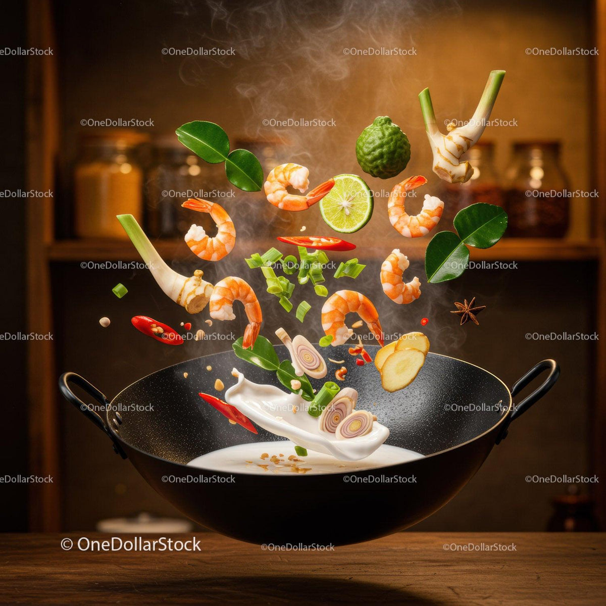 Fresh ingredients floating over black wok in kitchen