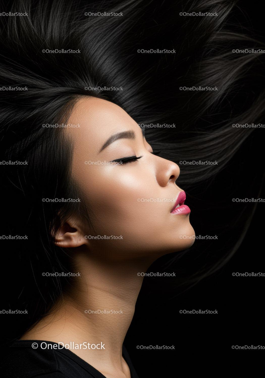Serene Asian woman with flowing hair and closed eyes