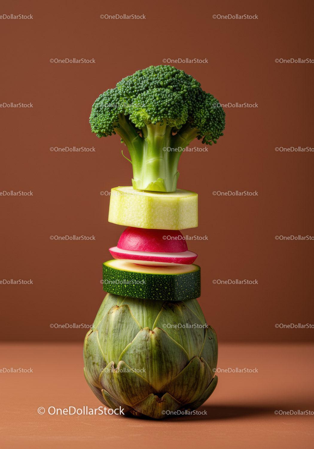 Stacked Fresh Vegetables with Broccoli and Artichoke