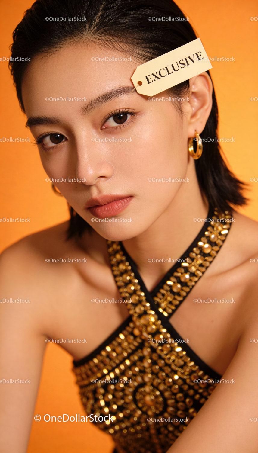Elegant young woman with exclusive label on gold dress