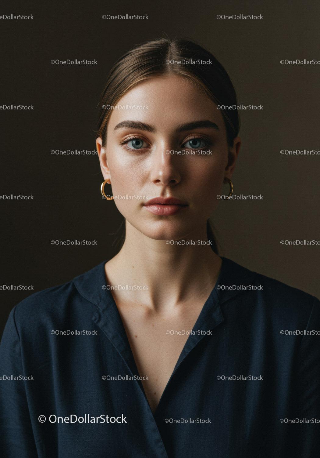 Elegant Young Woman Portrait with Blue Eyes and Earrings