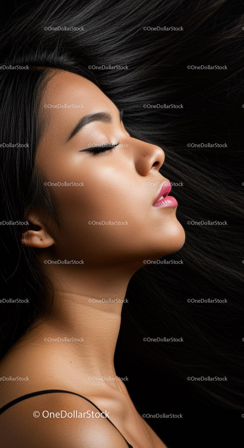 Profile of serene woman with flowing dark hair