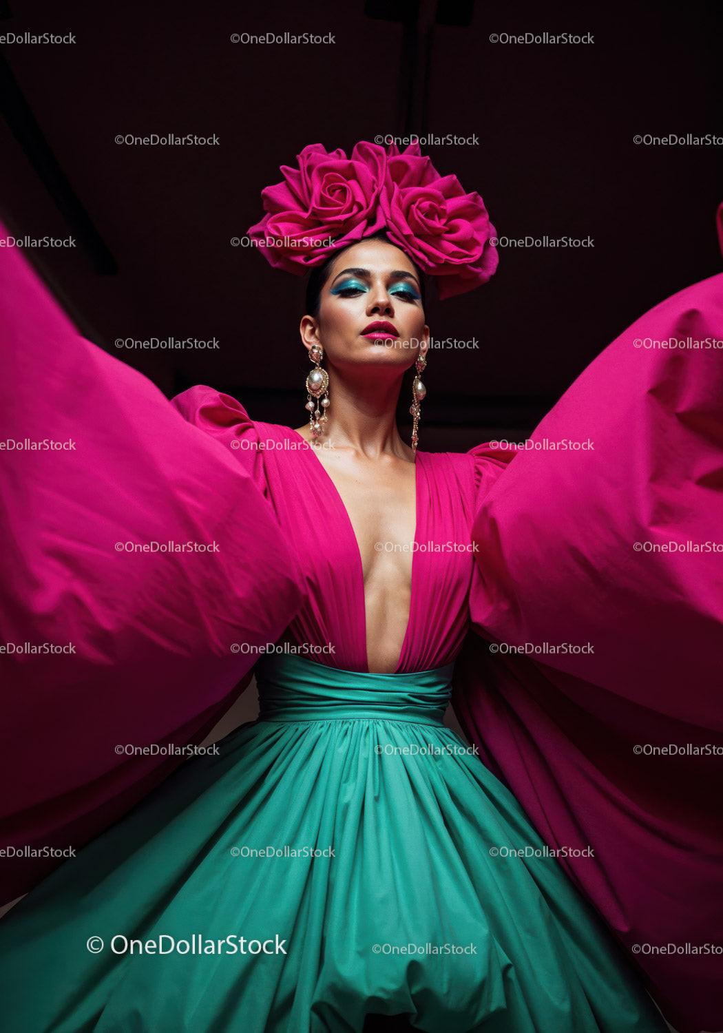 Fashion Model in Vibrant Pink and Yellow Flowing Gown Stock Photo Bundle preview 24
