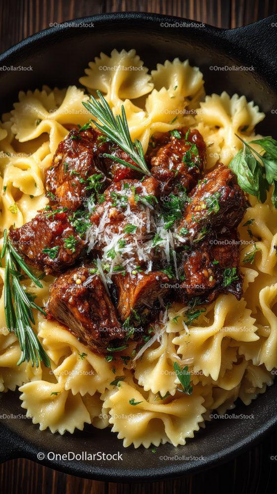Savory Beef Stew with Farfalle Pasta Garnished with Fresh Herbs