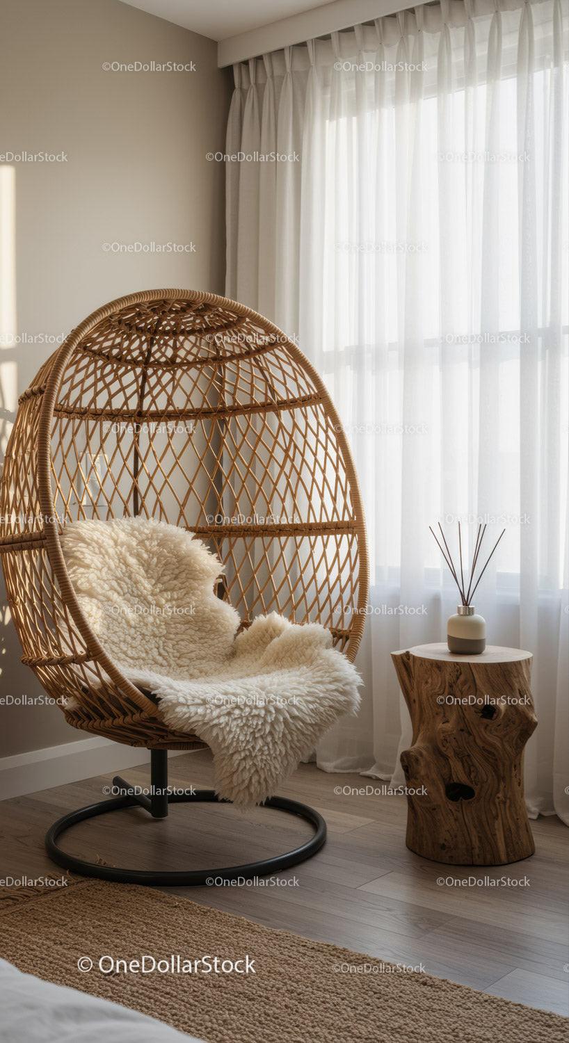Cozy rattan egg chair with soft wool throw in bright room