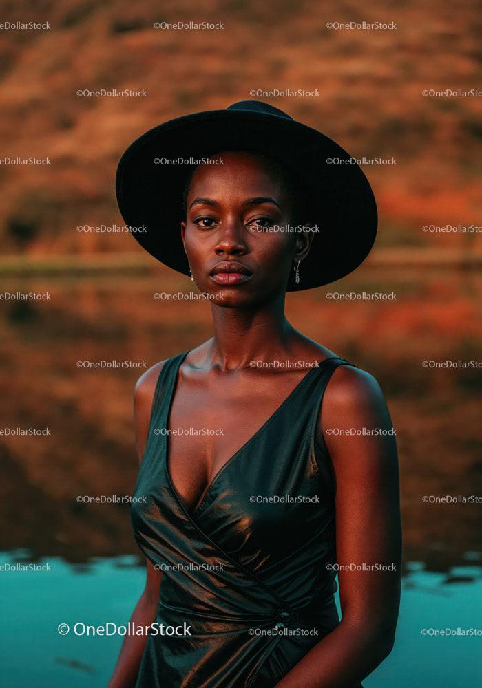 Elegant Black Woman Wearing Wide-Brimmed Hat in Outdoor Setting