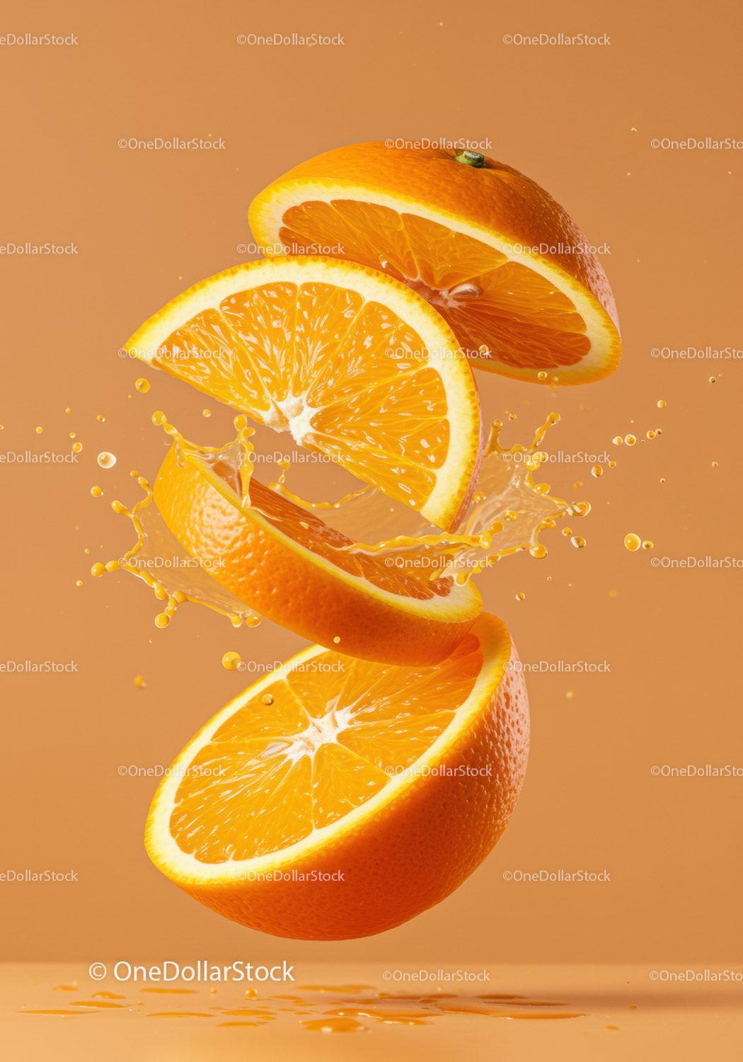 Fresh orange slices suspended with juice splashes