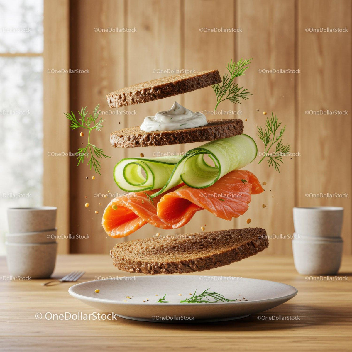 Deconstructed smoked salmon sandwich with cucumber and dill