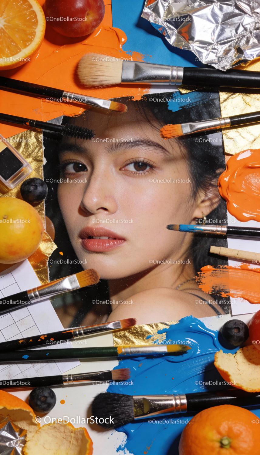Creative composition with makeup tools and fresh fruits