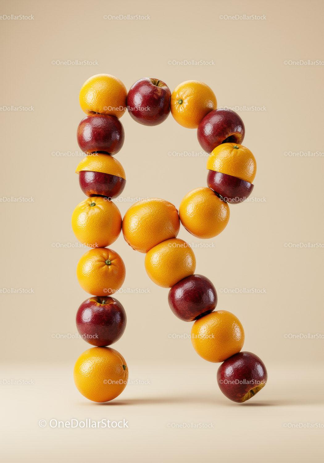 Letter R Formed by Fresh Apples and Oranges