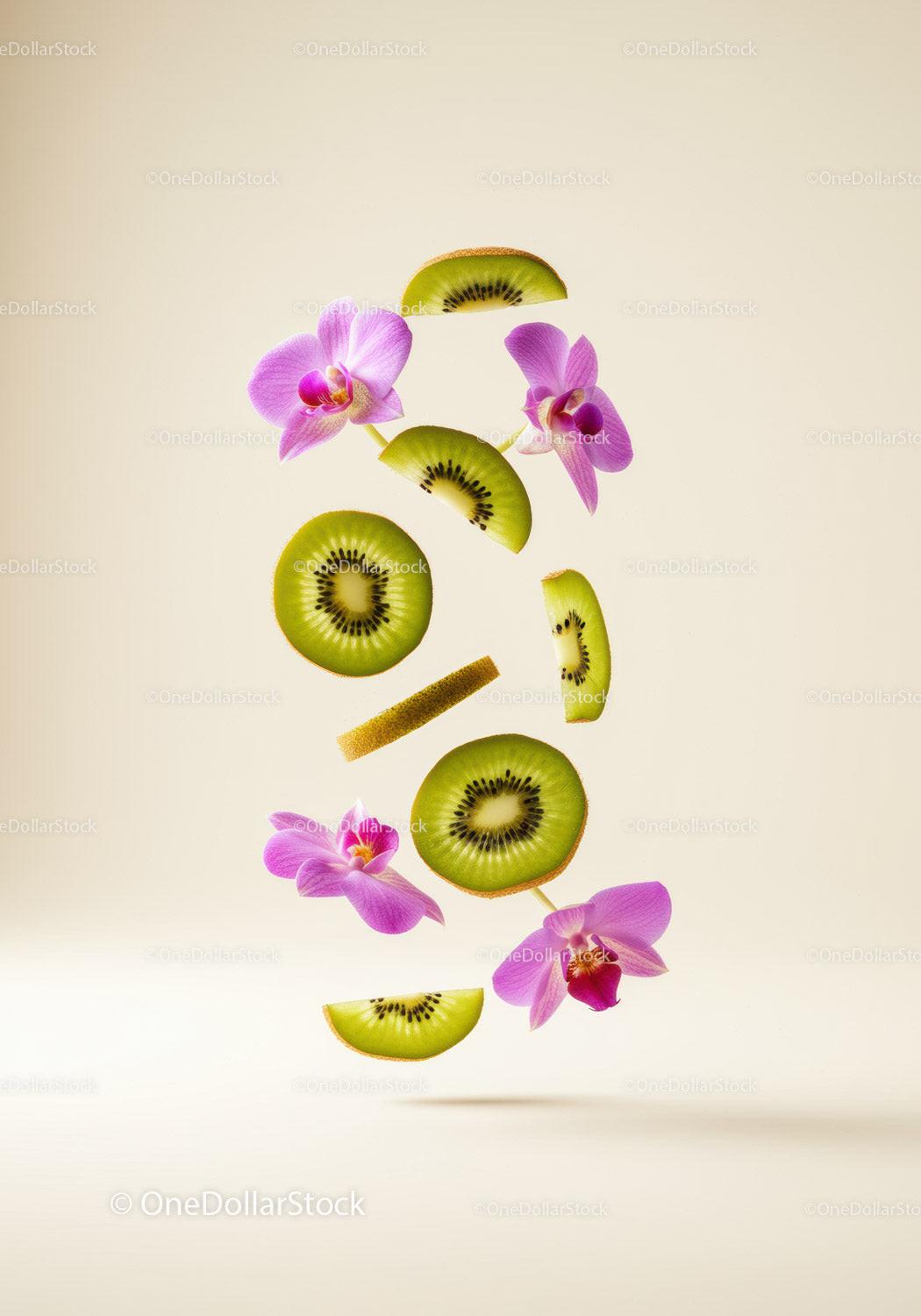 Fresh kiwi slices and pink orchid flowers floating on beige