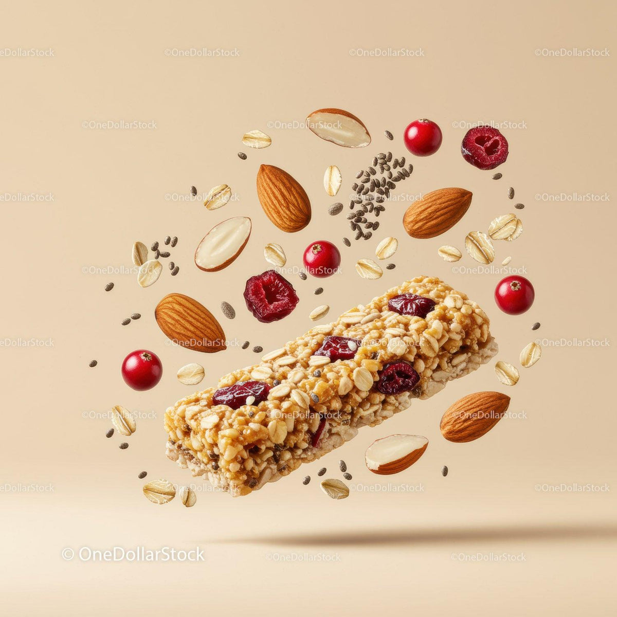 Granola Bar with Almonds and Cranberries on Neutral Background