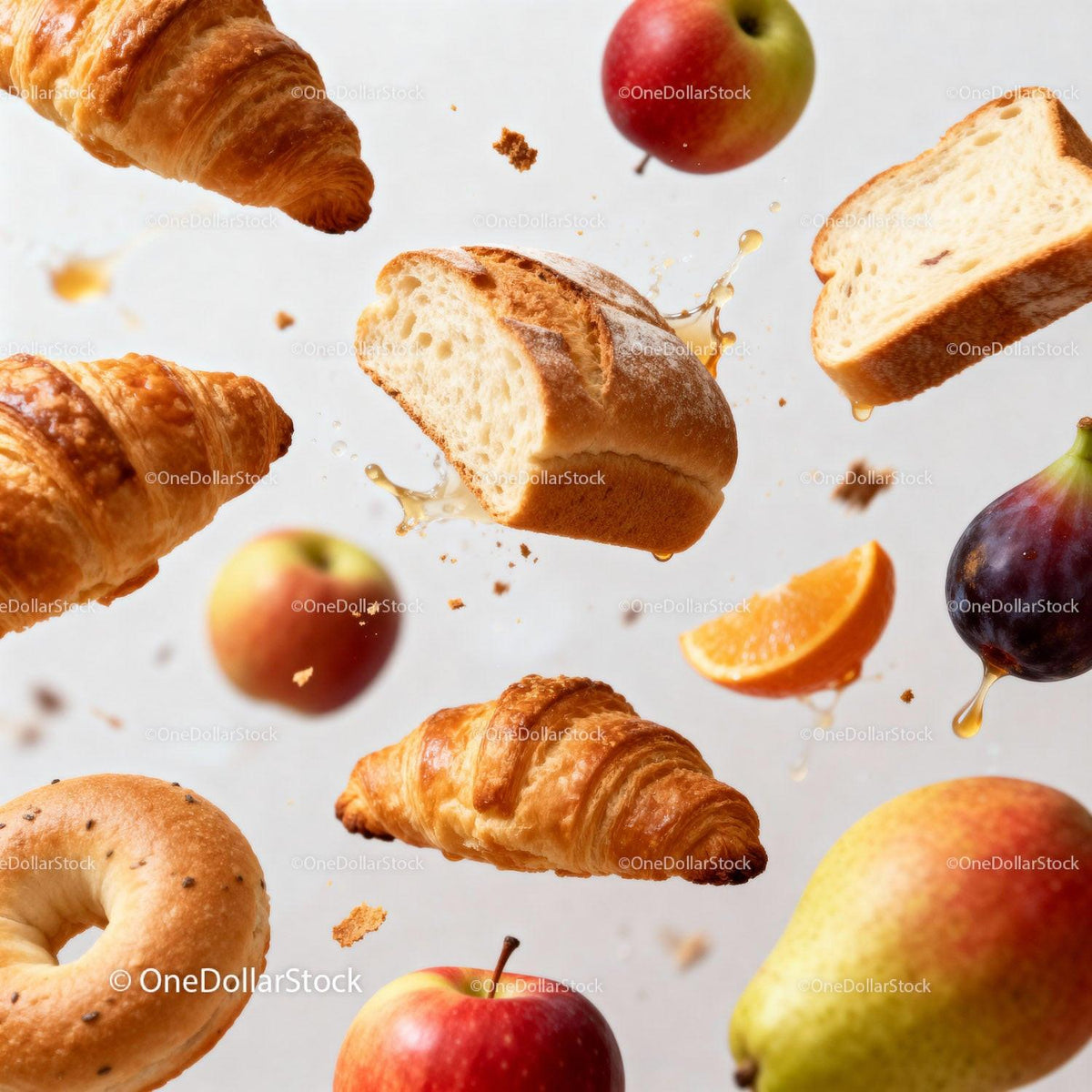 Fresh bakery and fruit assortment in dynamic motion
