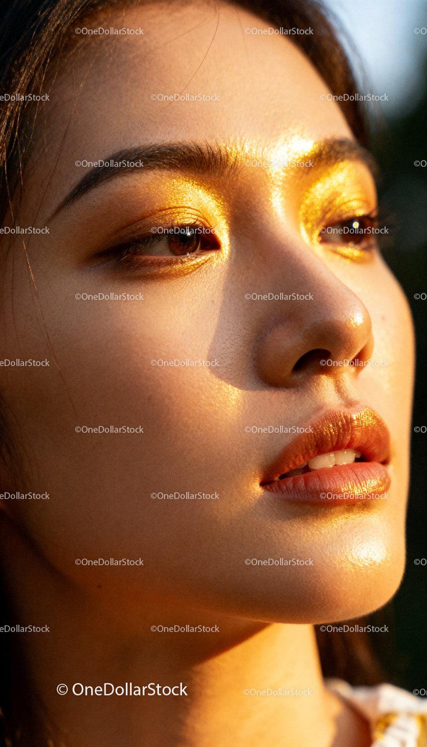 Close up of woman with golden makeup in sunlight
