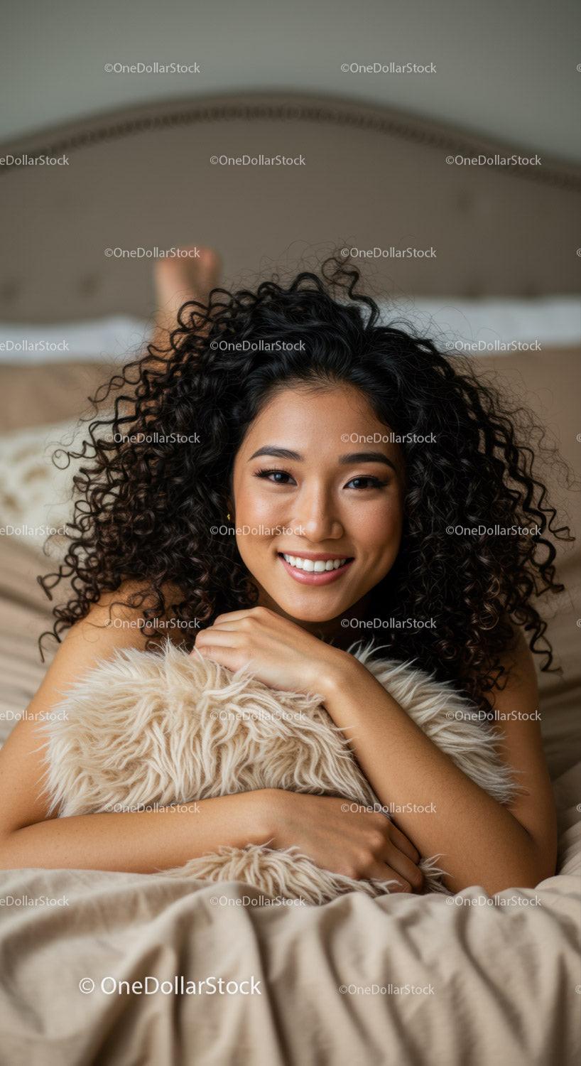 Smiling woman relaxing on bed with cozy pillow