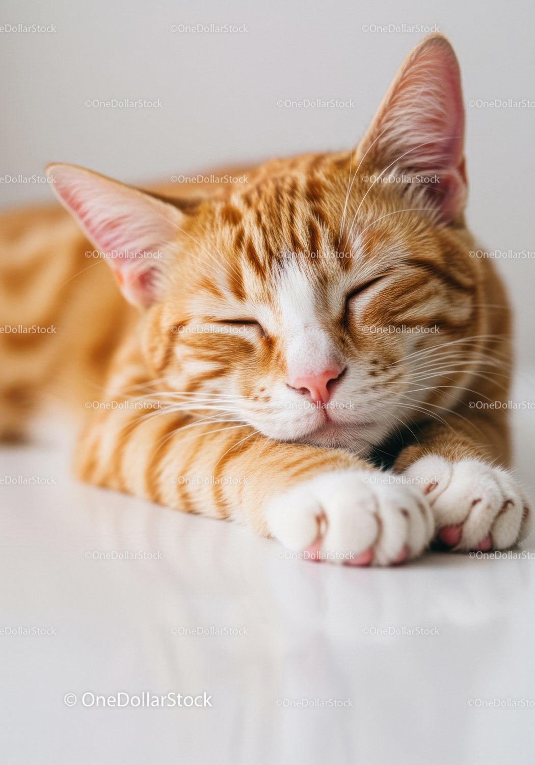 Sleeping orange tabby cat resting on smooth surface
