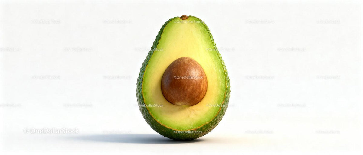 Fresh avocado half with seed on white background