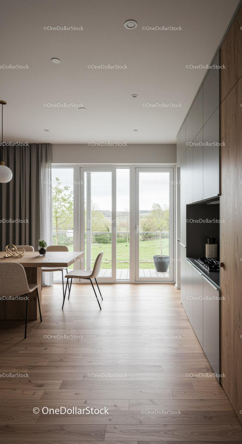 Modern dining room with large glass doors and natural light
