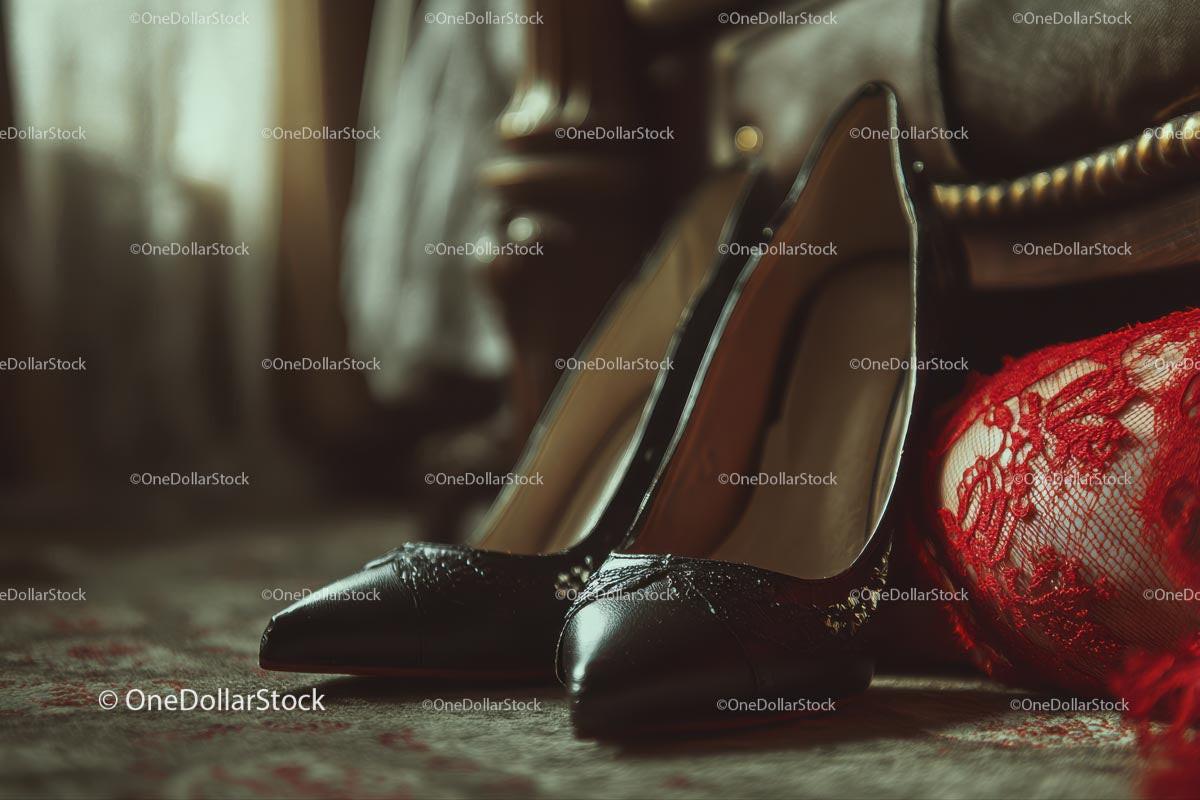 Chic Black Heels and a Red Lace Dress in a Cozy Bedroom Setting Stock Photo Bundle preview 48