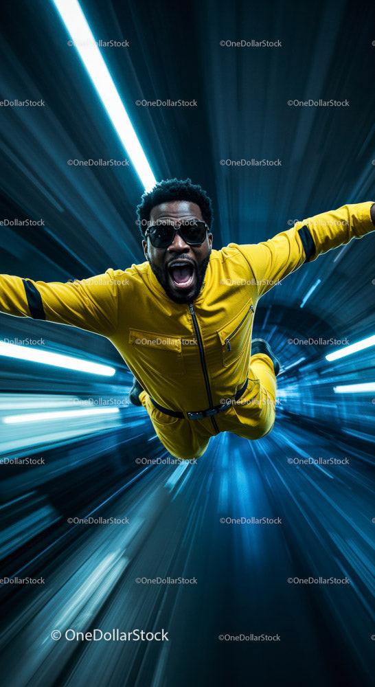 stock photo bundle made with Dynamic Man in Yellow Jumpsuit Against Futuristic Background Stock Photo Bundle