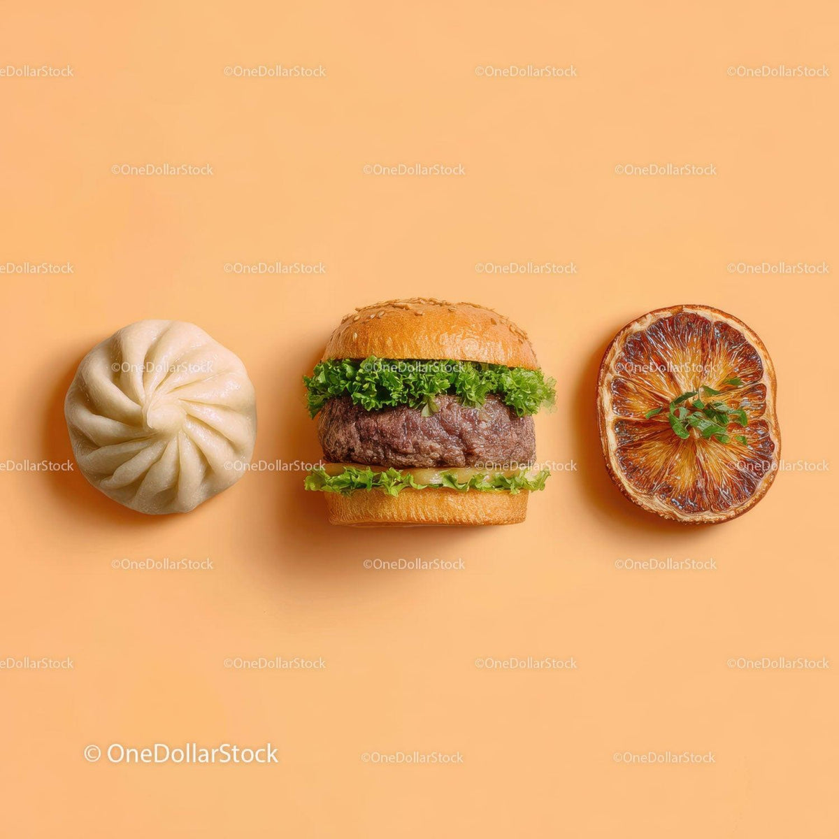 stock photo bundle made with Gourmet Burger with Lettuce and Tomato Next to Grilled Steak and Dumpling Stock Photo Bundle