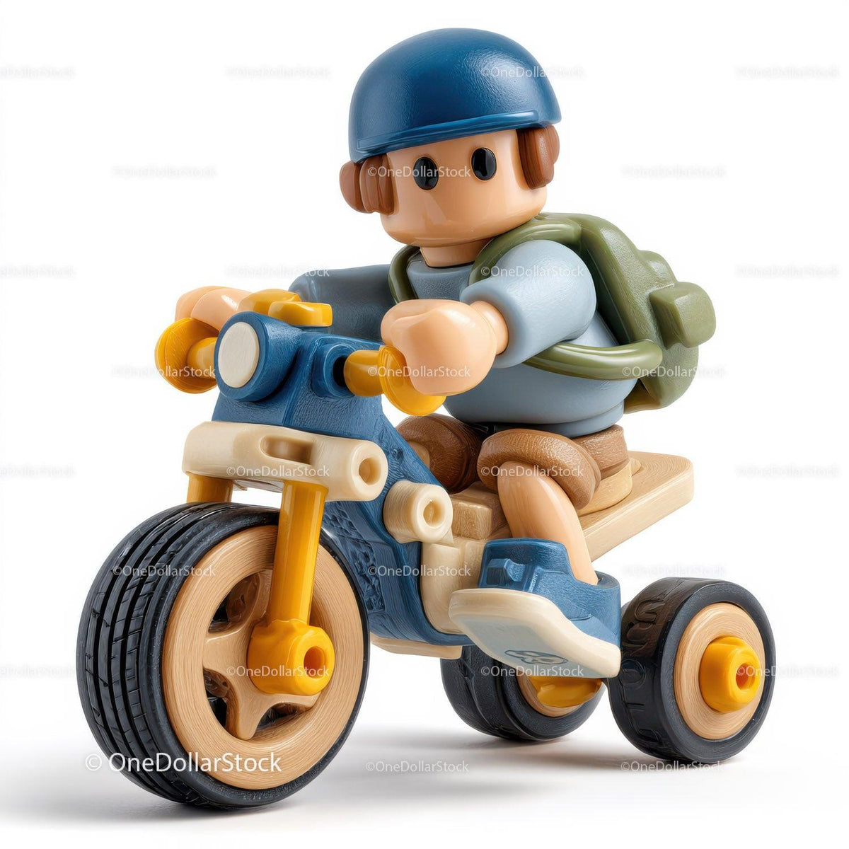 Plastic toy figure with blue helmet riding a blue and yellow tricycle and wearing a green backpack