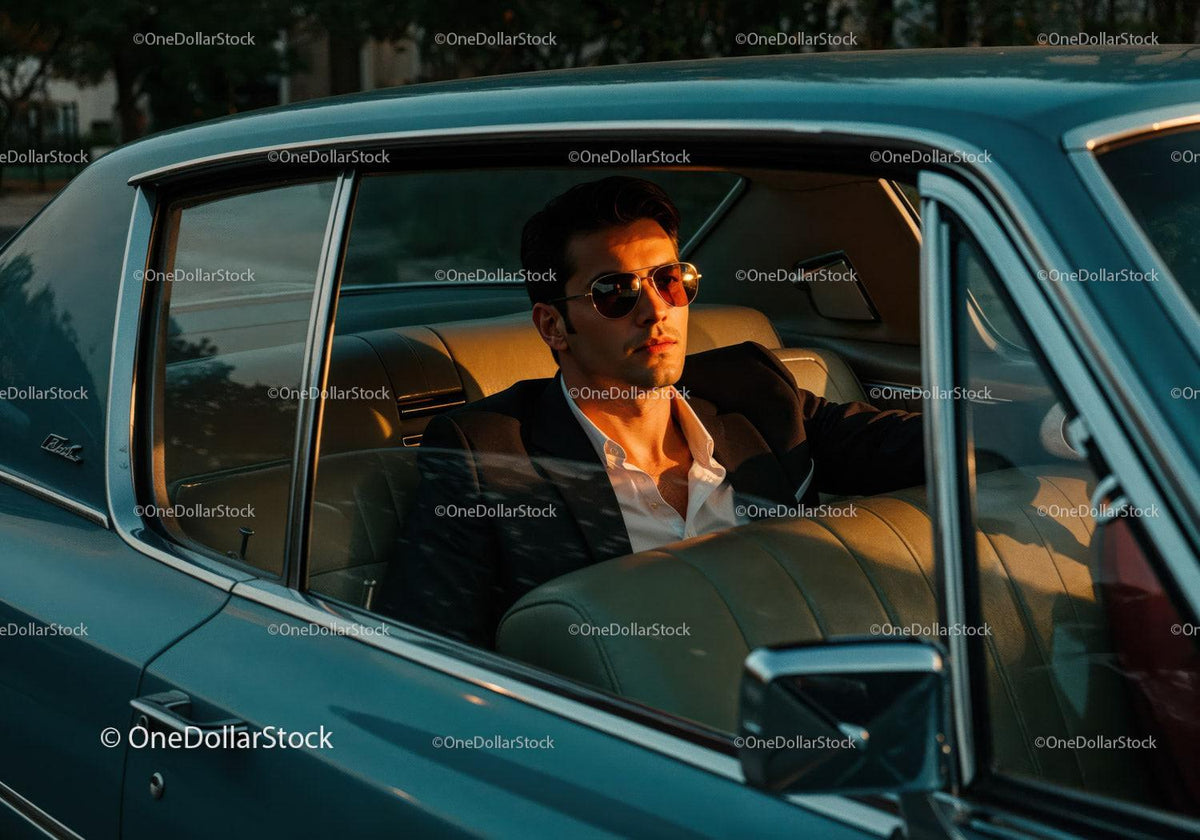 Stylish Man in Sunglasses Sitting in Classic Vintage Car at Sunset Stock Photo Bundle preview 32