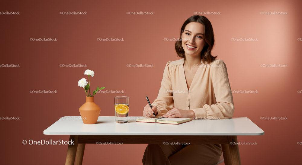 Cheerful Woman Writing at a Table with Flowers and Drinks Stock Photo Bundle preview 10