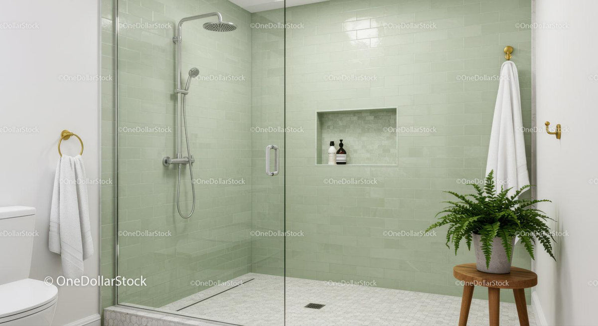 Modern minimalist bathroom with glass shower and greenery