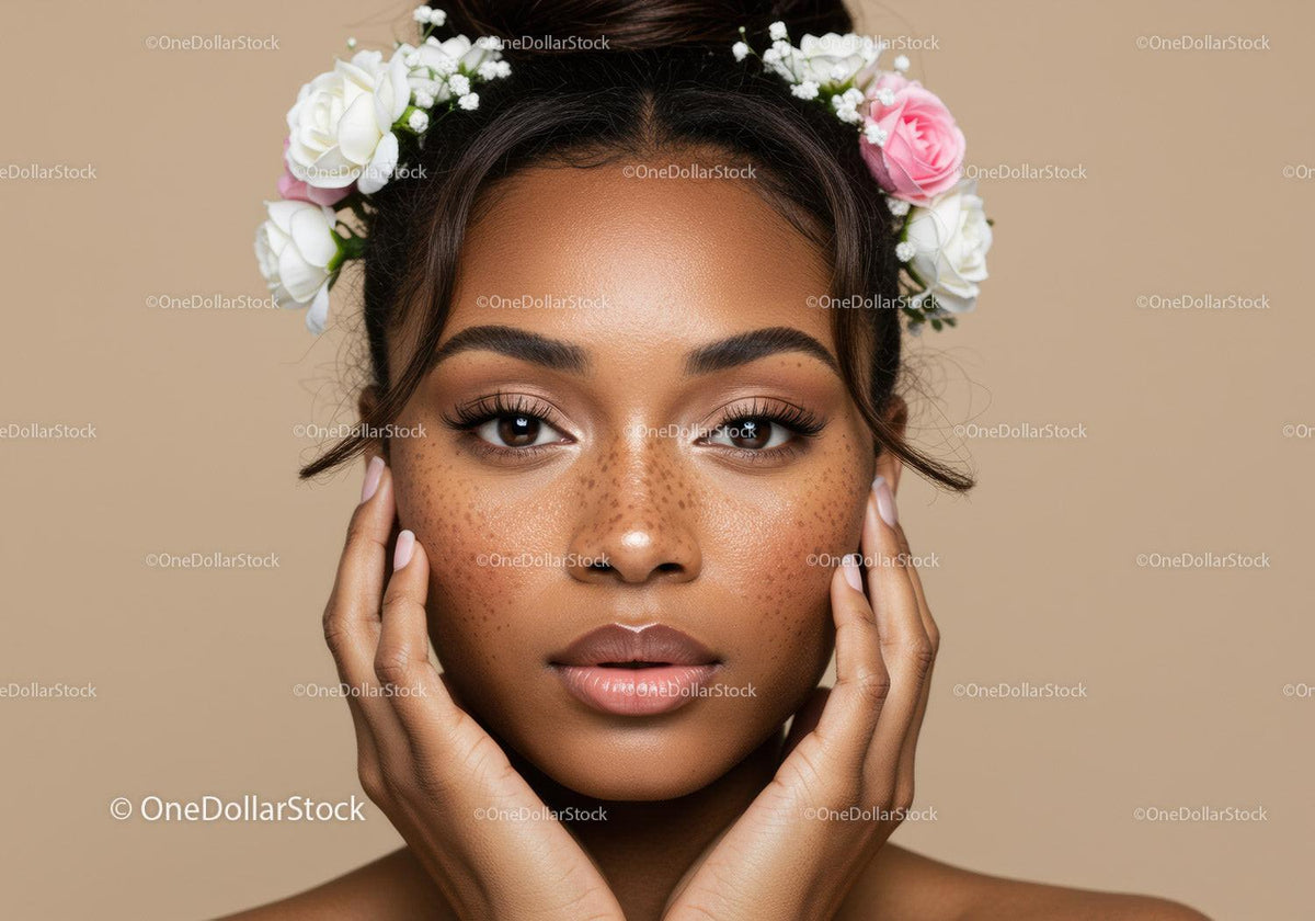 Elegant Woman with Freckles and Floral Crown for Beauty and Skincare