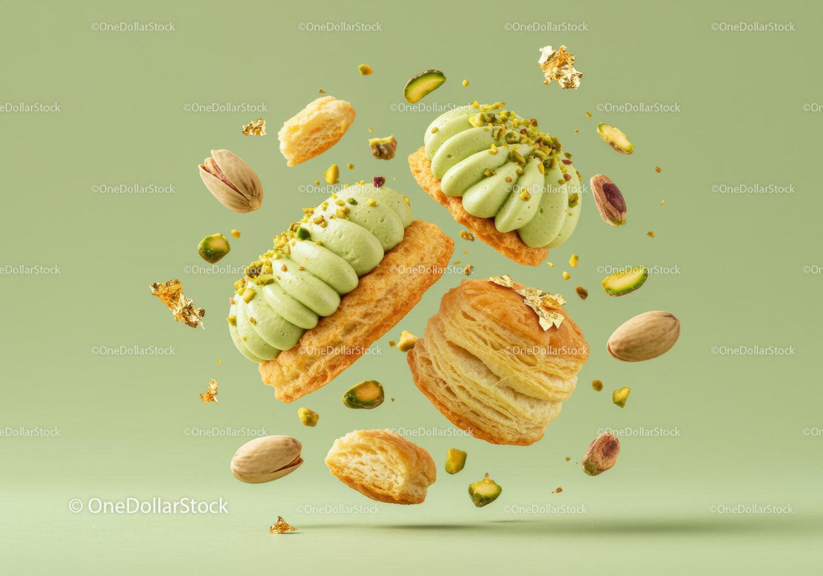 Delicate pistachio cream pastries with flaky texture