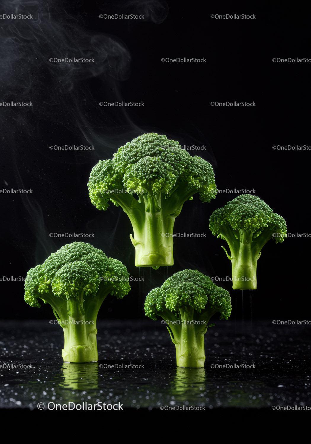 Fresh broccoli florets rising on black reflective surface