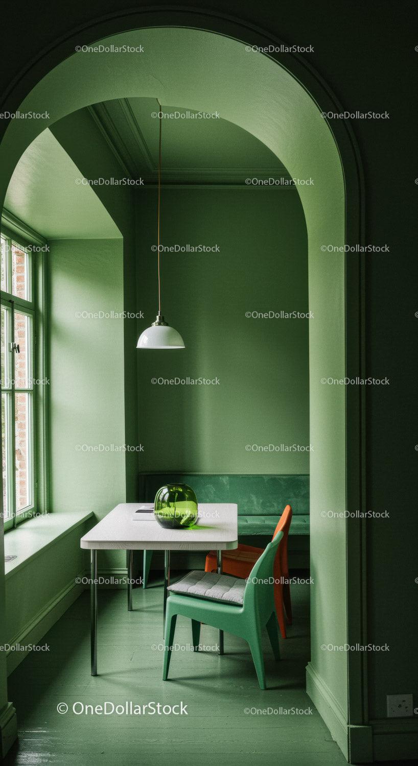 Stylish Green Walls and Modern Furniture in Bright Dining Room