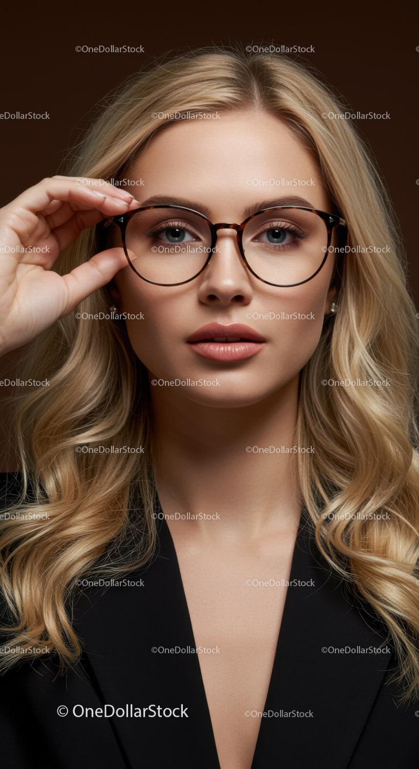 Confident Blonde Woman Wearing Stylish Glasses in Professional Studio Portrait