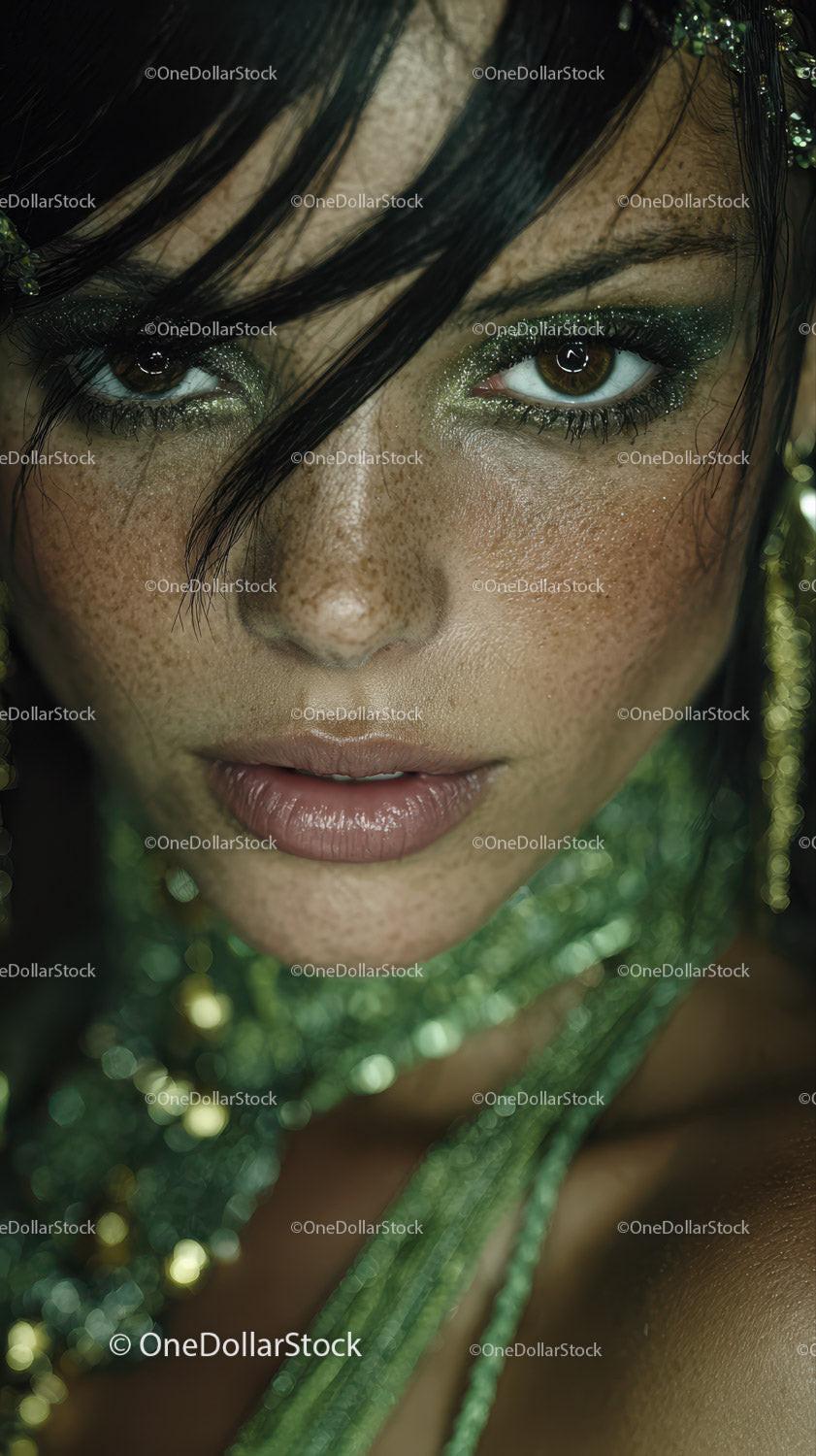 Close Up of Green Eyes with Glitter Makeup and Freckles