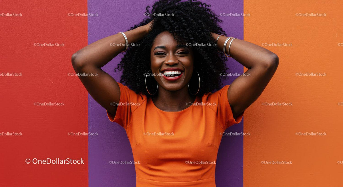 Vibrant Portrait of a Smiling Woman in Bright Orange Dress Against Colorful Wall