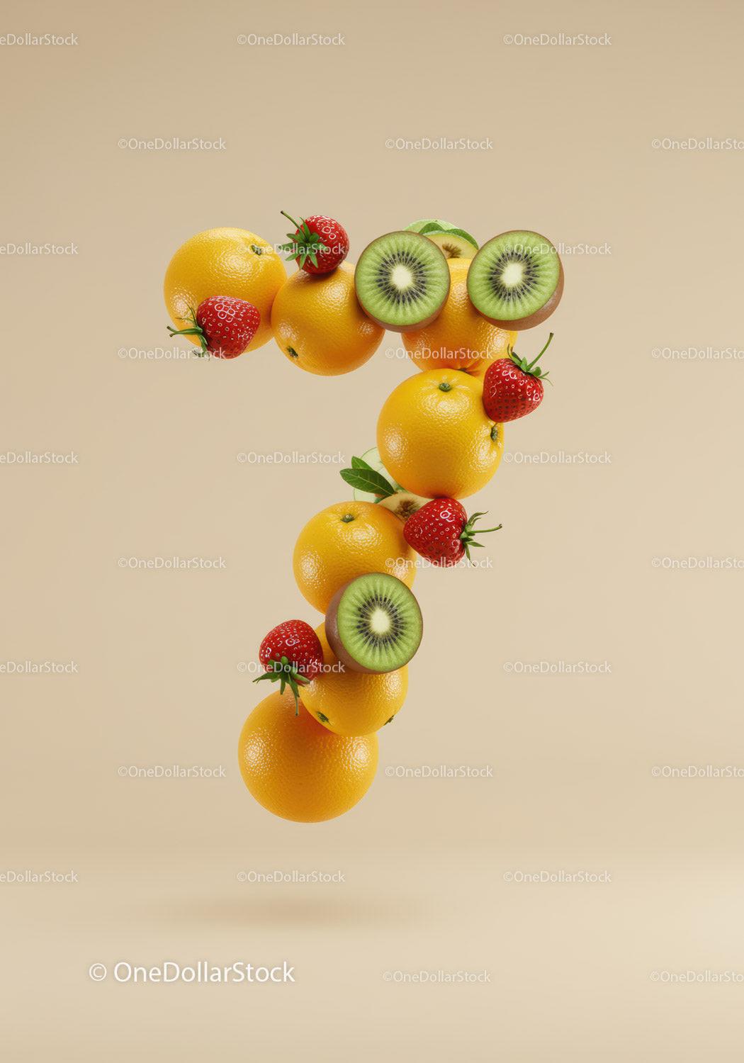 Number seven composed of fresh vibrant fruits