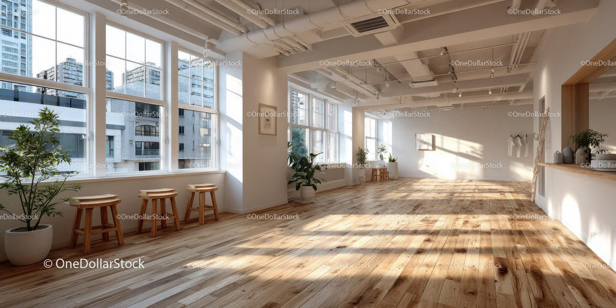 Bright Modern Room with Large Windows and Wooden Floor