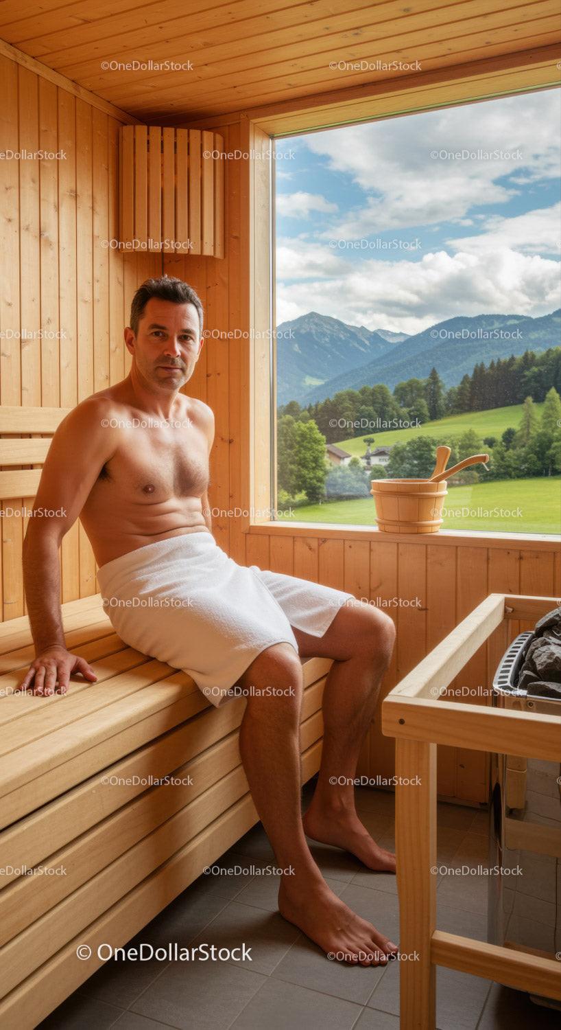 Relaxing Man Sitting in a Wooden Sauna with Mountain View