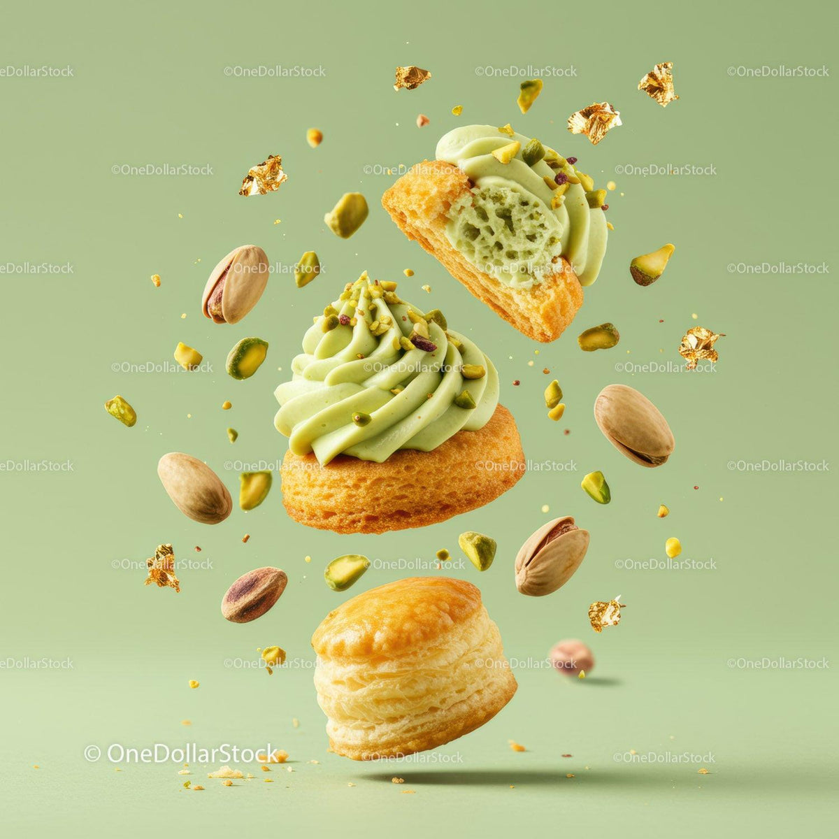Delicate pistachio cream pastries with crunchy nuts